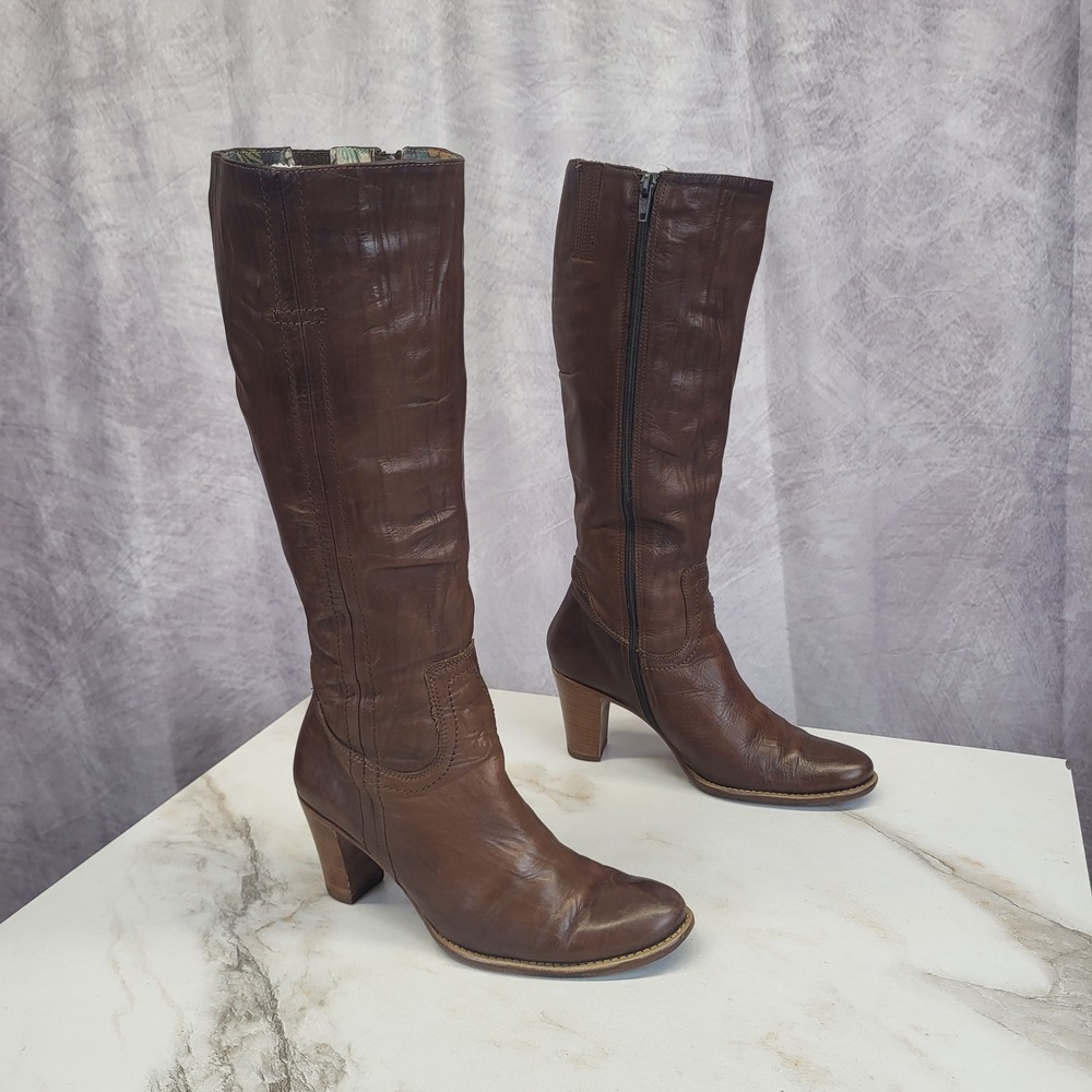 Paul Smith Size 38 Knee High Chunky Block Heel Zip Up Boots Brown Women's